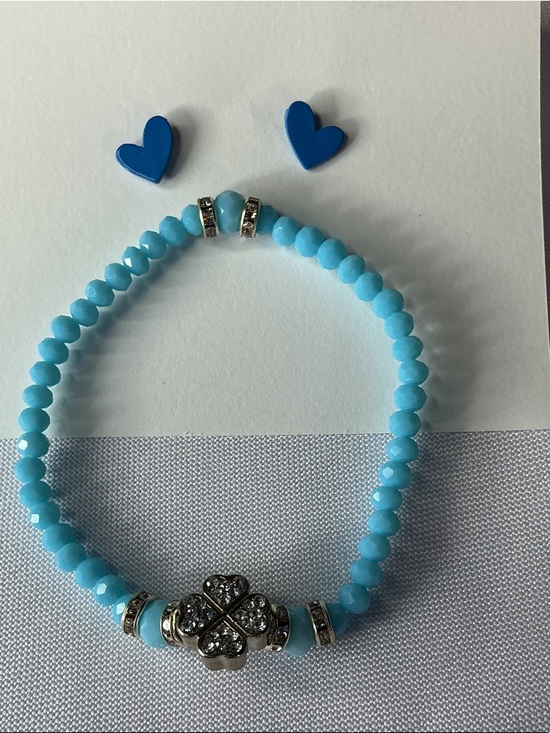 Jewelry - Blue Beaded Bracelet w/ Crystal Clover Charm + Heart Stud Earrings